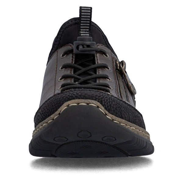 Rieker N3267-25 women's black elasticated shoes, front view.