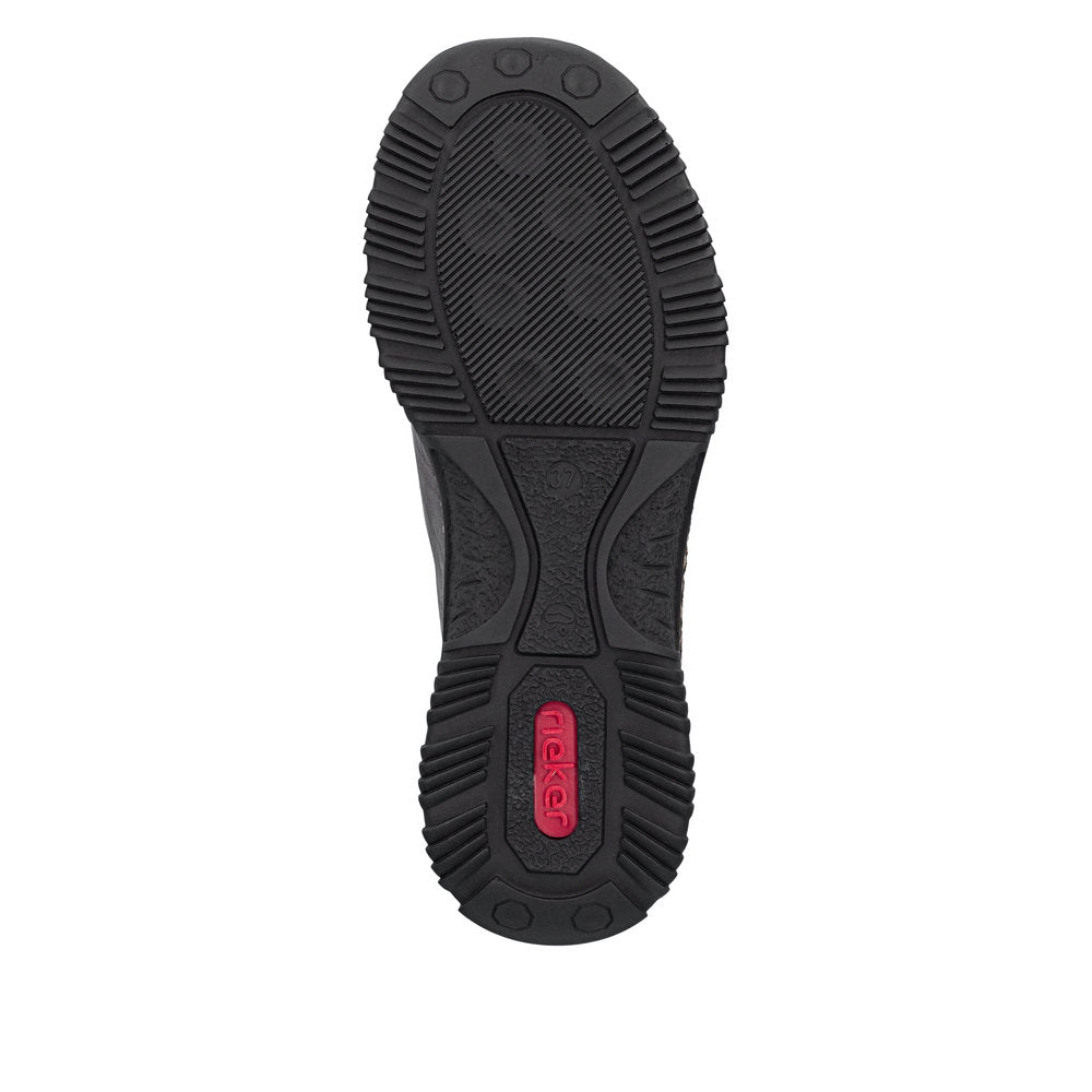 Rieker N3267-25 women's black elasticated shoes, sole and tread view.