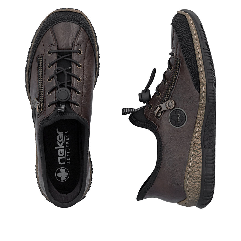 Rieker N3267-25 women's black elasticated shoes, two-angle product view.