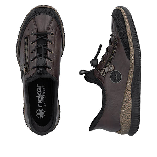 Rieker N3267-25 women's black elasticated shoes, two-angle product view.