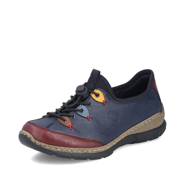 Rieker N3271-35 women's blue combination slip on shoes, front three-quarter view.