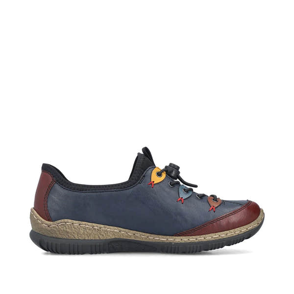 Rieker N3271-35 women's blue combination slip on shoes, outer side view.