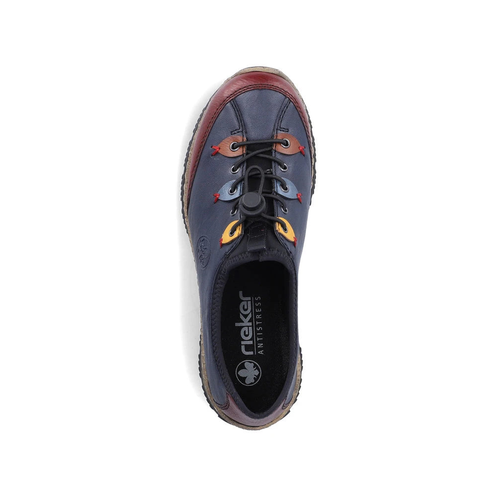 Rieker N3271-35 women's blue combination slip on shoes, top view.