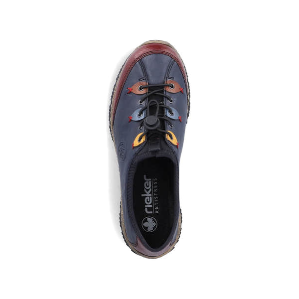 Rieker N3271-35 women's blue combination slip on shoes, top view.