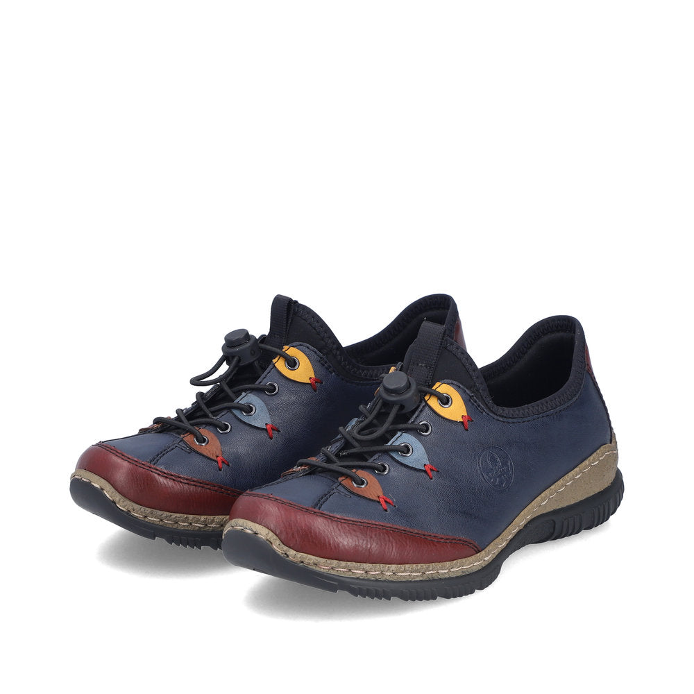 Rieker N3271-35 women's blue combination slip on shoes, paired three-quarter view.
