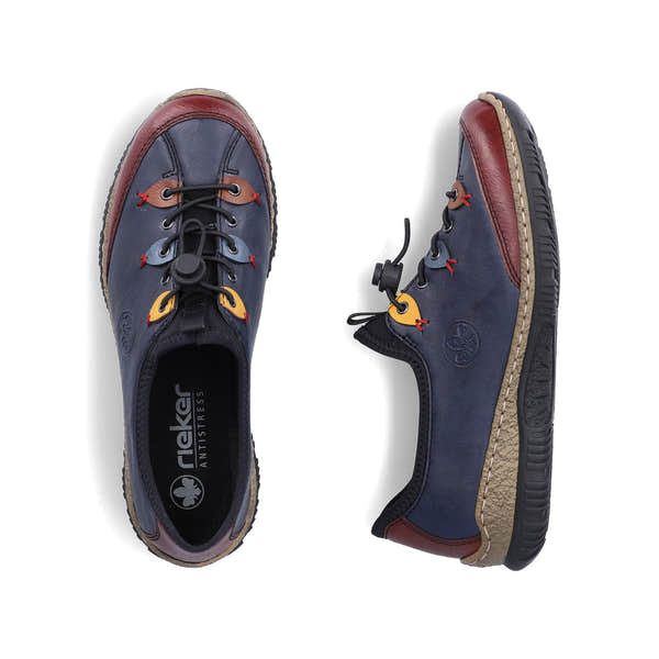 Rieker N3271-35 women's blue combination slip on shoes, two-angle product view.
