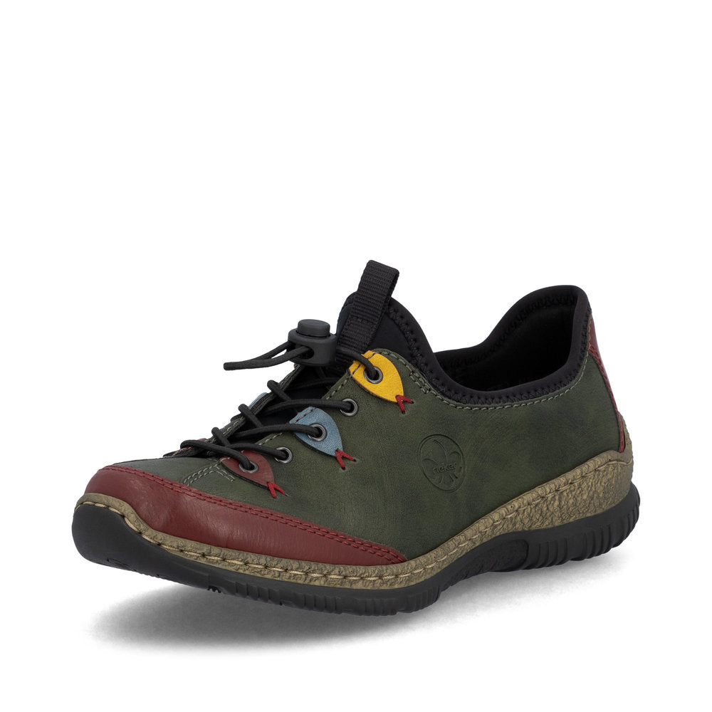 Rieker N3271-54 women's forest green slip on shoes, front three-quarter view.