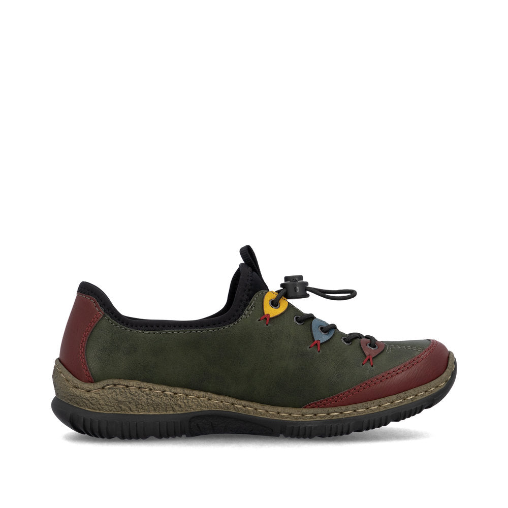 Rieker N3271-54 women's forest green slip on shoes, outer side view.