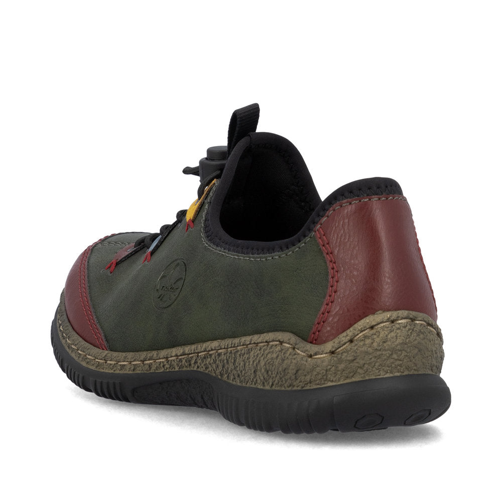 Rieker N3271-54 women's forest green slip on shoes, rear three-quarter view.