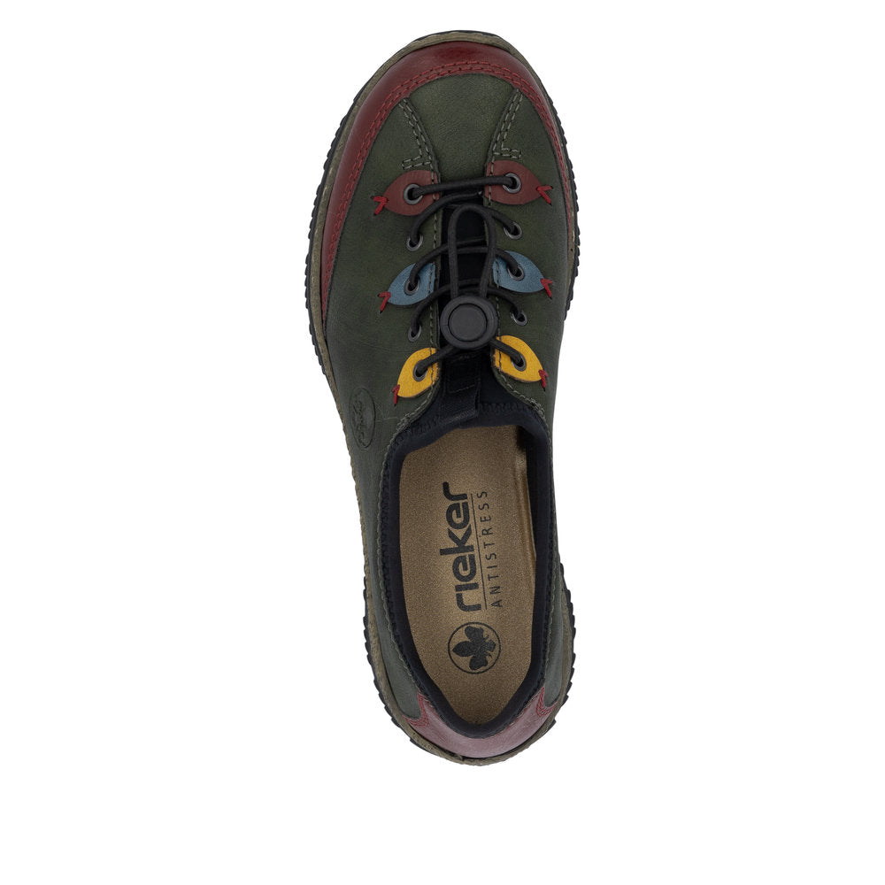Rieker N3271-54 women's forest green slip on shoes, top view.