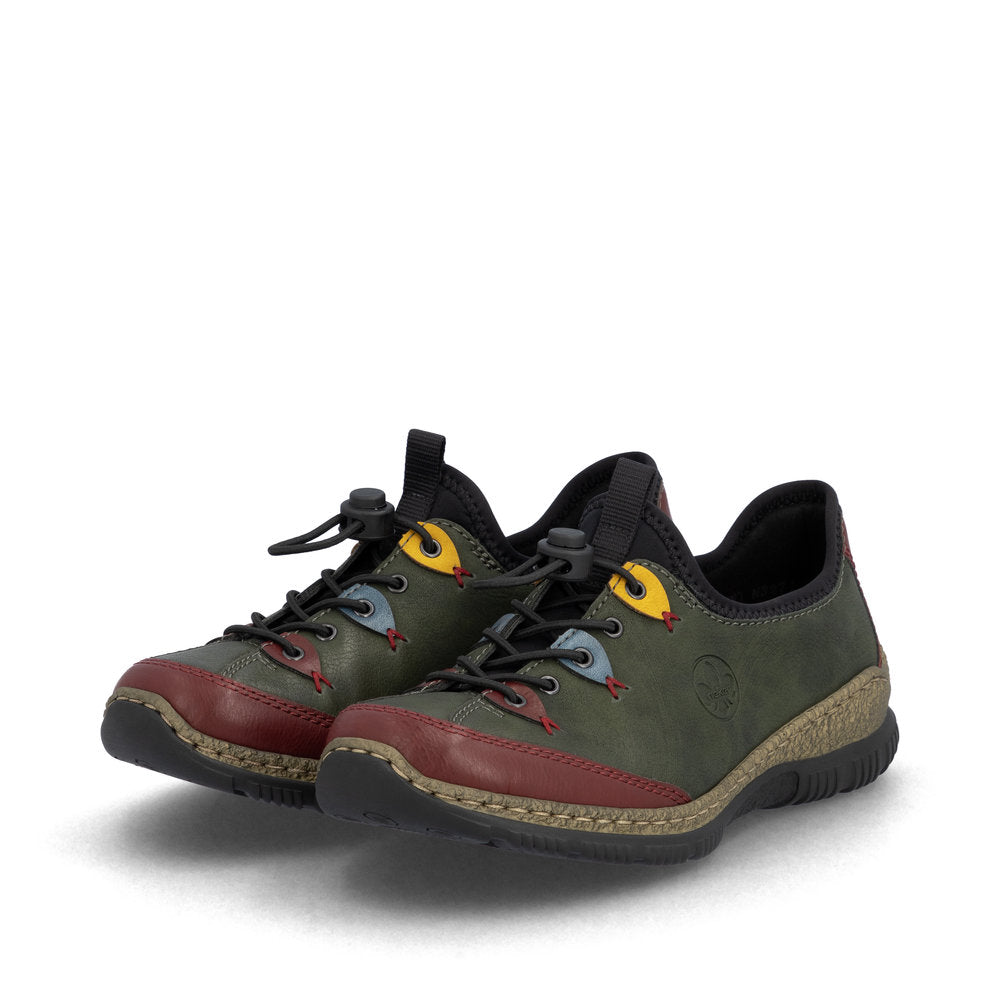 Rieker N3271-54 women's forest green slip on shoes, paired three-quarter view.