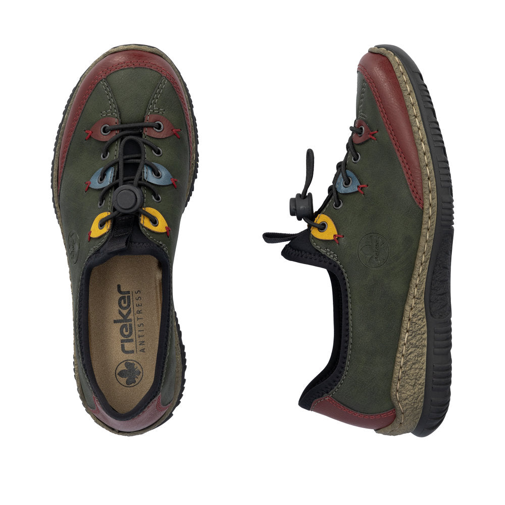 Rieker N3271-54 women's forest green slip on shoes, two-angle product view.