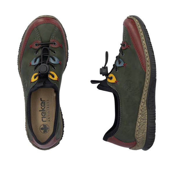 Rieker N3271-54 women's forest green slip on shoes, two-angle product view.