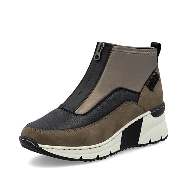 Rieker N6352-25 women's brown textile front zip ankle boots, front three-quarter view.
