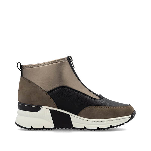Rieker N6352-25 women's brown textile front zip ankle boots, outer side view.