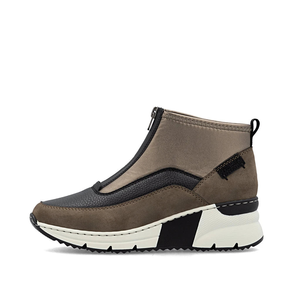 Rieker N6352-25 women's brown textile front zip ankle boots, inner side view.