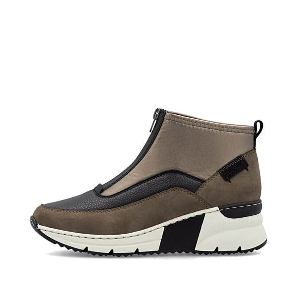 Rieker N6352-25 women's brown textile front zip ankle boots, inner side view.