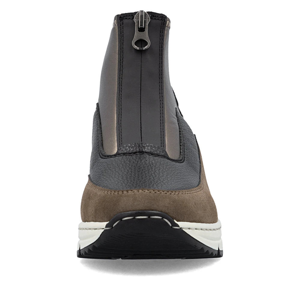 Rieker N6352-25 women's brown textile front zip ankle boots, front view.