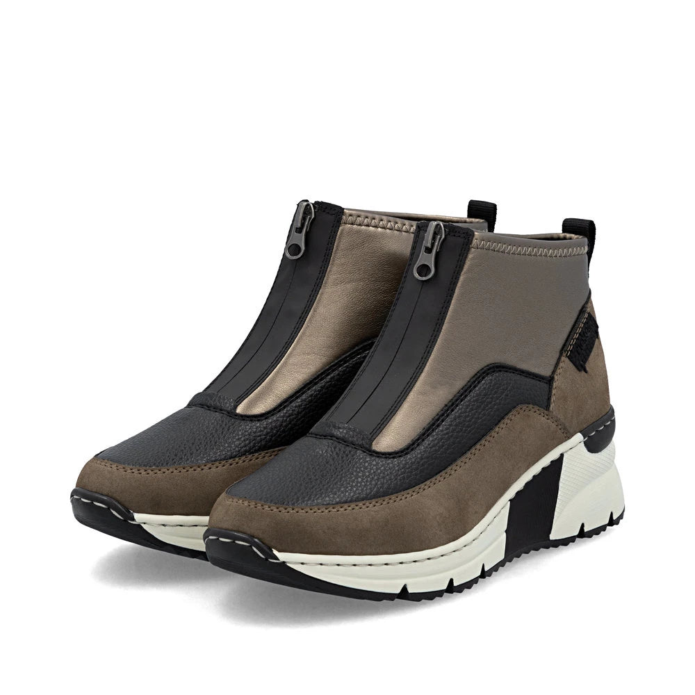 Rieker N6352-25 women's brown textile front zip ankle boots, paired three-quarter view.