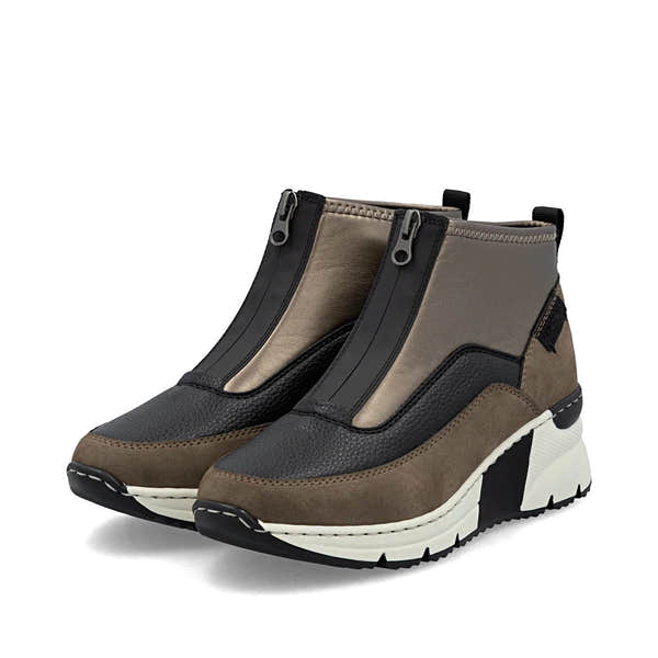 Rieker N6352-25 women's brown textile front zip ankle boots, paired three-quarter view.