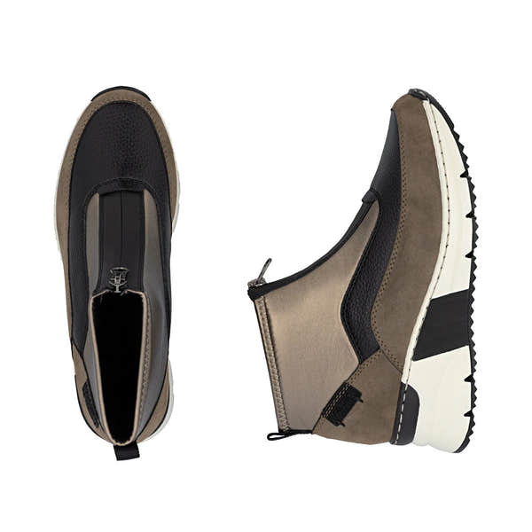 Rieker N6352-25 women's brown textile front zip ankle boots, two-angle product view.
