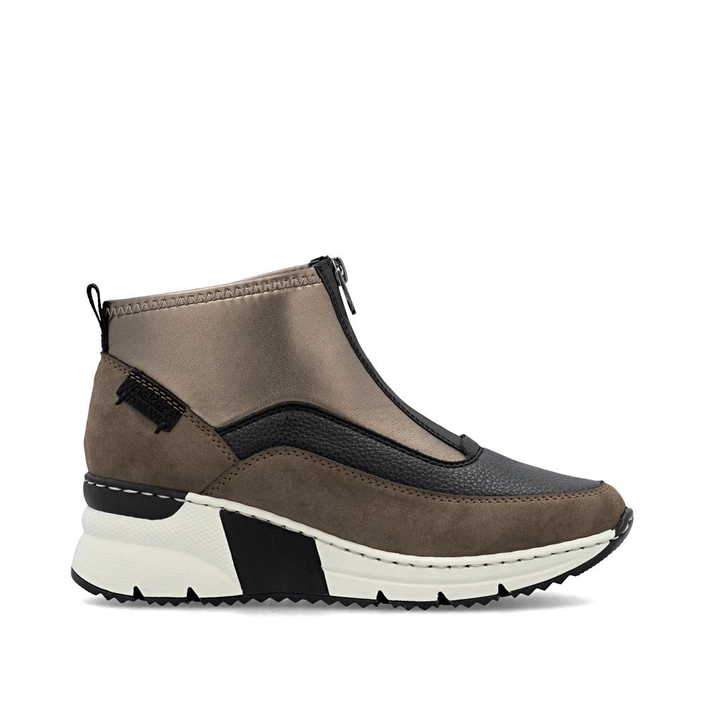 Rieker N6352-25 women's brown textile front zip ankle boots, opposite side view.