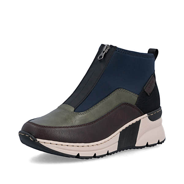 Rieker N6352-91 women's wide multi front zip ankle boots, front three-quarter view.