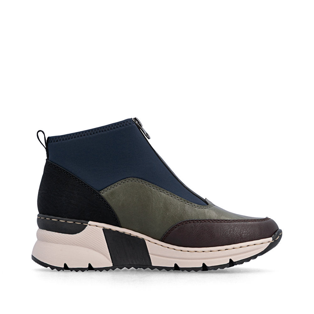 Rieker N6352-91 women's wide multi front zip ankle boots, outer side view.