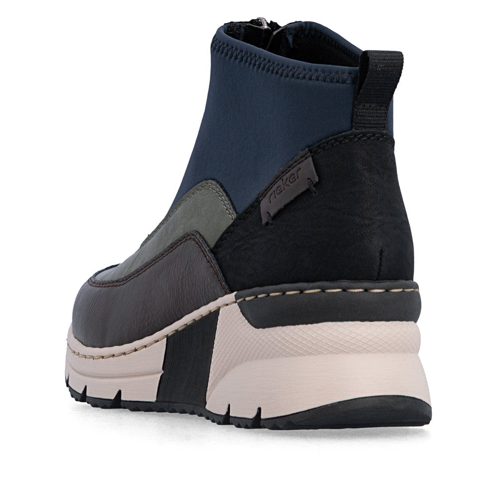 Rieker N6352-91 women's wide multi front zip ankle boots, rear three-quarter view.