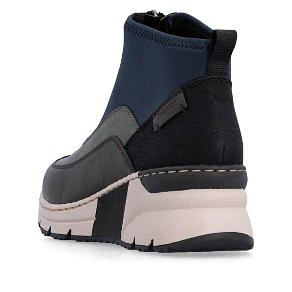 Rieker N6352-91 women's wide multi front zip ankle boots, rear three-quarter view.