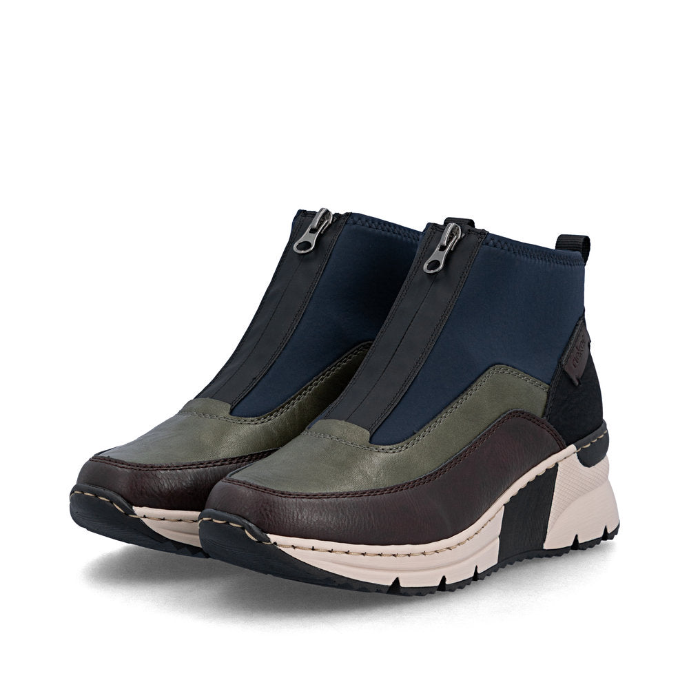 Rieker N6352-91 women's wide multi front zip ankle boots, paired three-quarter view.