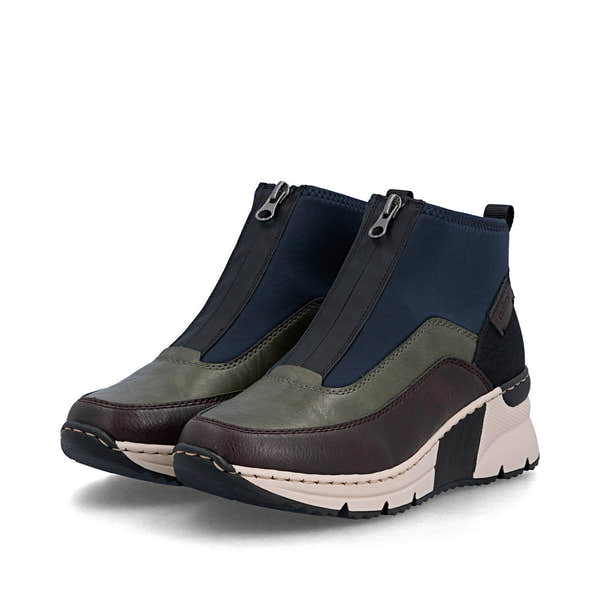 Rieker N6352-91 women's wide multi front zip ankle boots, paired three-quarter view.