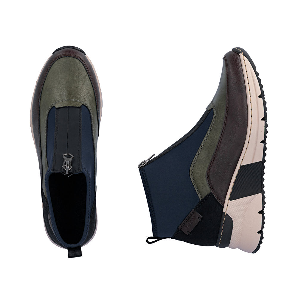 Rieker N6352-91 women's wide multi front zip ankle boots, two-angle product view.