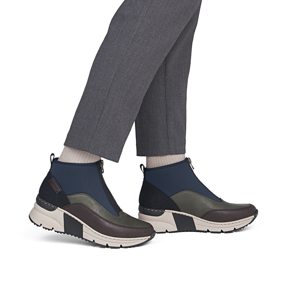 Rieker N6352-91 women's wide multi front zip ankle boots, on-foot lifestyle view.