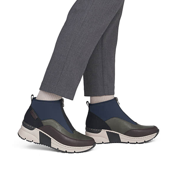 Rieker N6352-91 women's wide multi front zip ankle boots, on-foot lifestyle view.