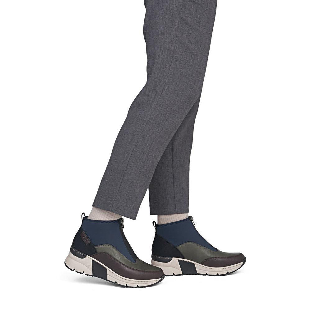 Rieker N6352-91 women's wide multi front zip ankle boots, on-foot lifestyle view.