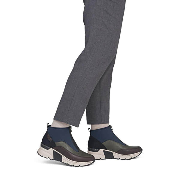 Rieker N6352-91 women's wide multi front zip ankle boots, on-foot lifestyle view.
