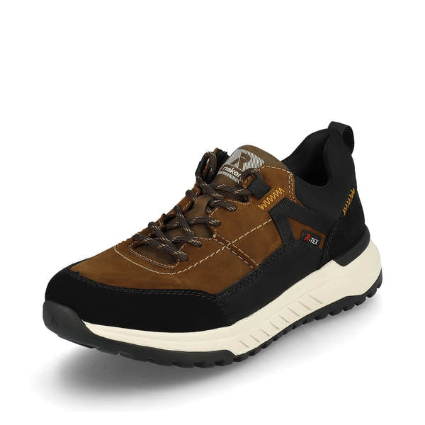 Rieker U0100-22 men's brown combi suede water resistant lace up shoes, front three-quarter view.