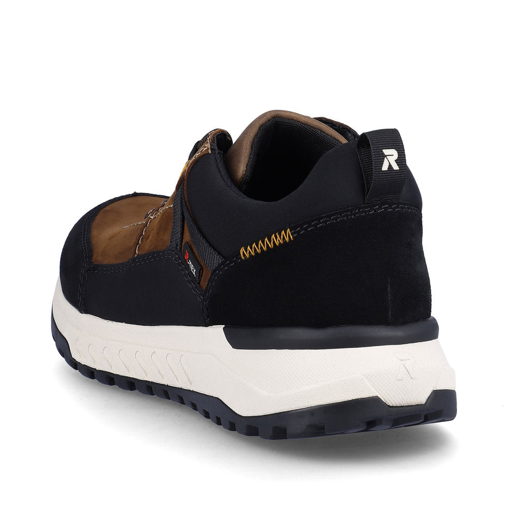 Rieker U0100-22 men's brown combi suede water resistant lace up shoes, rear three-quarter view.