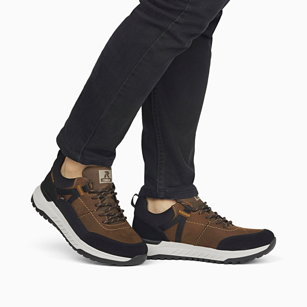 Rieker U0100-22 men's brown combi suede water resistant lace up shoes, on-foot lifestyle view.