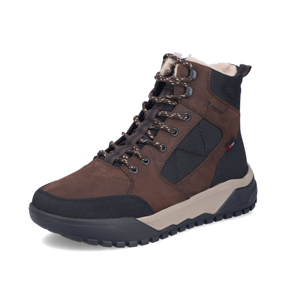 Rieker U1510-25 men's wide brown/black leather & textile water resistant lace up ankle boots, front three-quarter view.