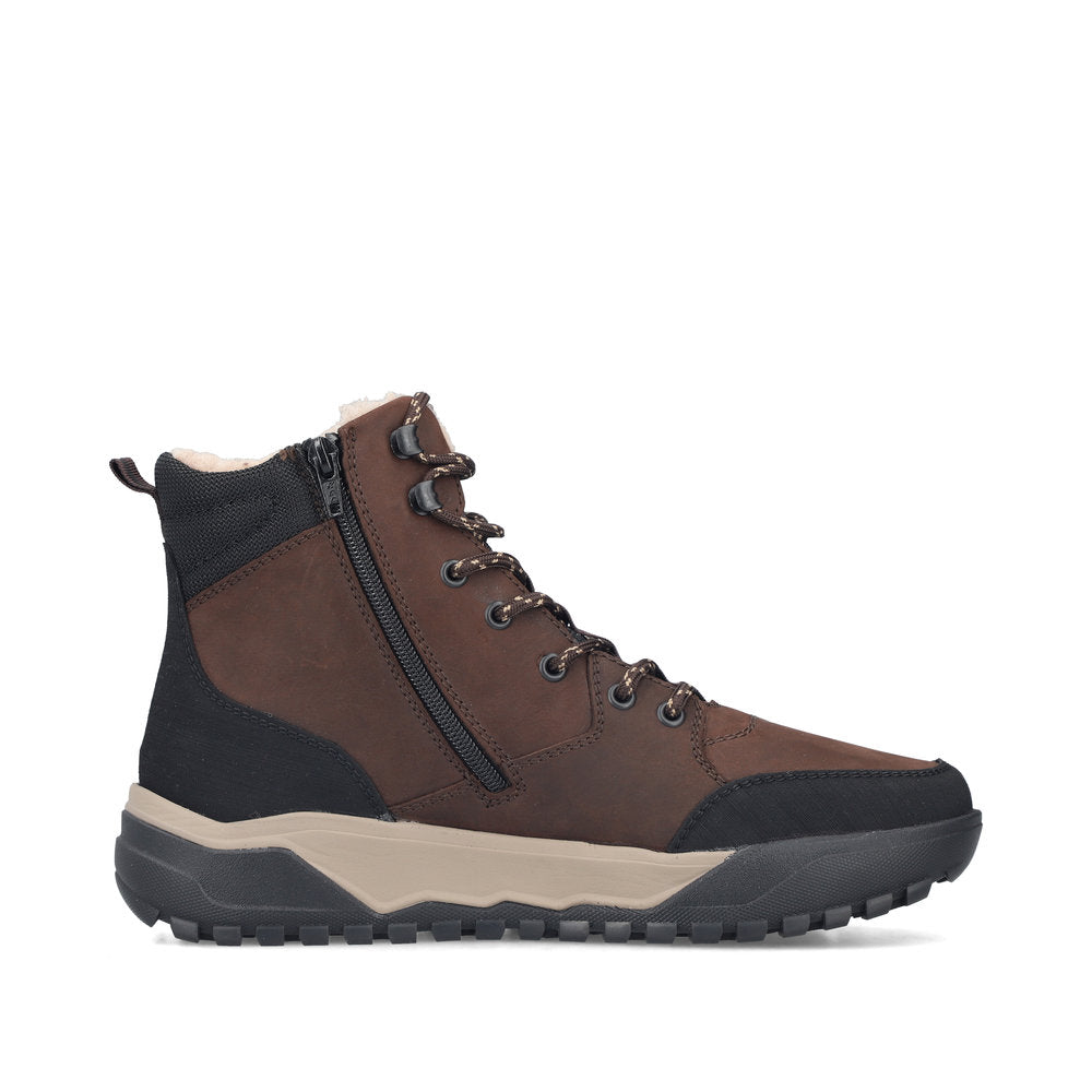 Rieker U1510-25 men's wide brown/black leather & textile water resistant lace up ankle boots, outer side view.