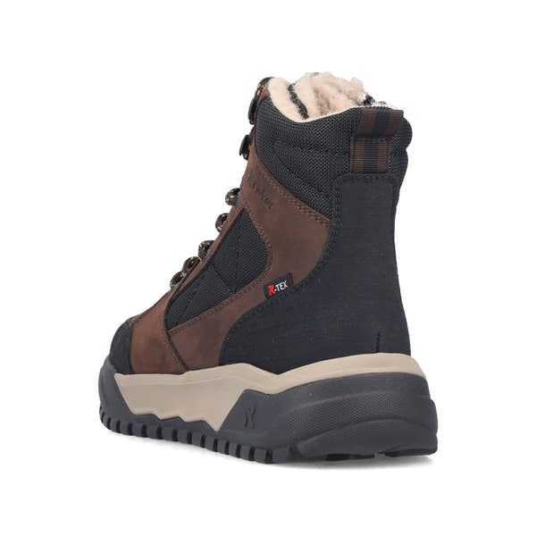 Rieker U1510-25 men's wide brown/black leather & textile water resistant lace up ankle boots, rear three-quarter view.