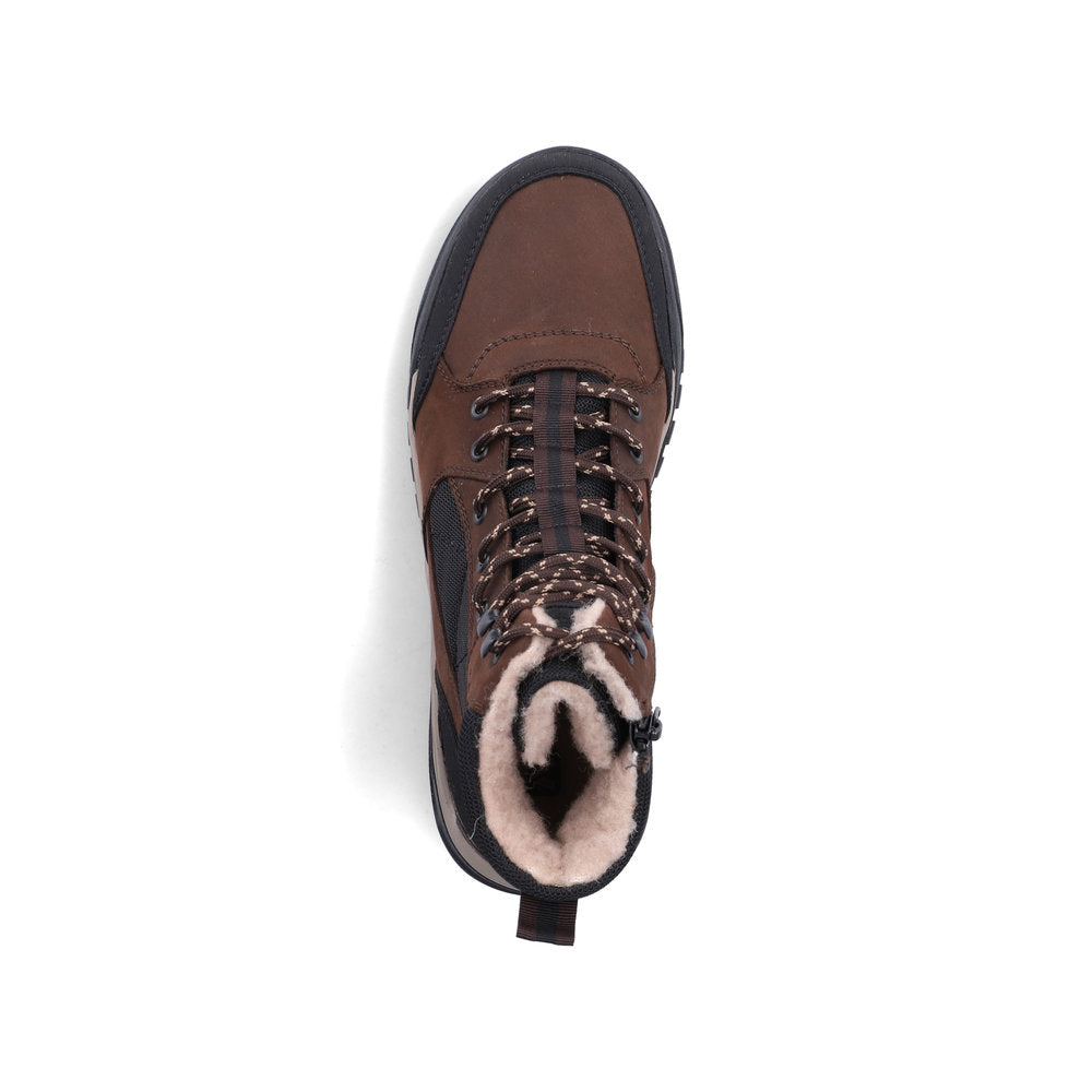 Rieker U1510-25 men's wide brown/black leather & textile water resistant lace up ankle boots, top view.
