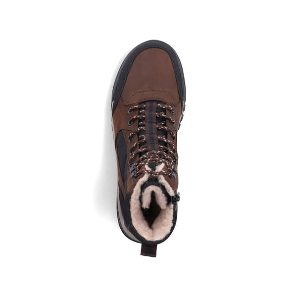 Rieker U1510-25 men's wide brown/black leather & textile water resistant lace up ankle boots, top view.