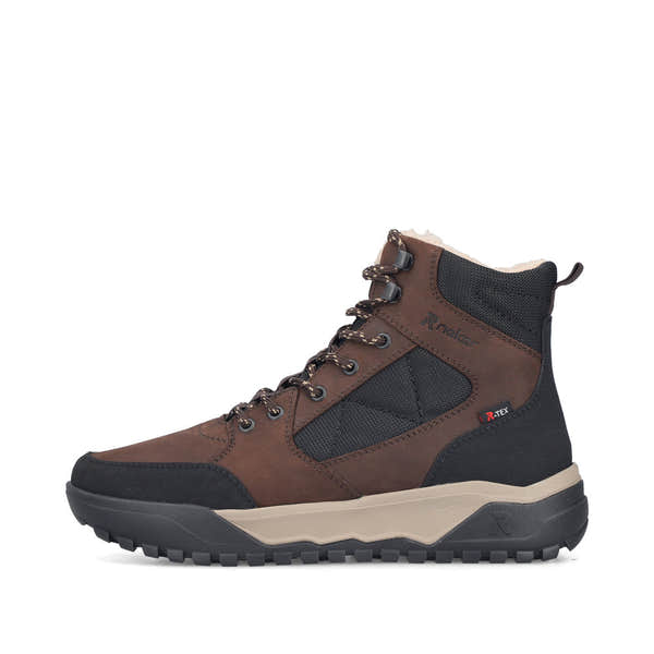 Rieker U1510-25 men's wide brown/black leather & textile water resistant lace up ankle boots, inner side view.
