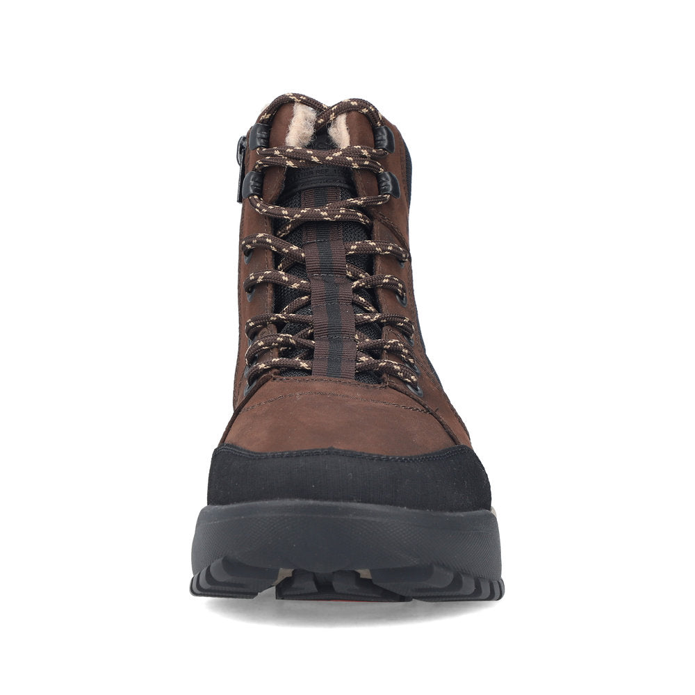 Rieker U1510-25 men's wide brown/black leather & textile water resistant lace up ankle boots, front view.