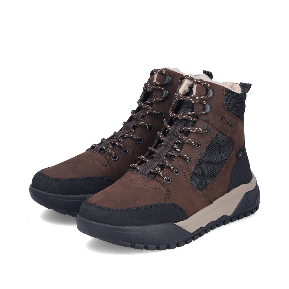 Rieker U1510-25 men's wide brown/black leather & textile water resistant lace up ankle boots, paired three-quarter view.