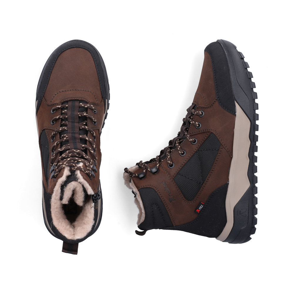 Rieker U1510-25 men's wide brown/black leather & textile water resistant lace up ankle boots, two-angle product view.