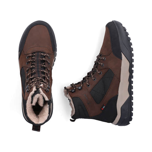 Rieker U1510-25 men's wide brown/black leather & textile water resistant lace up ankle boots, two-angle product view.